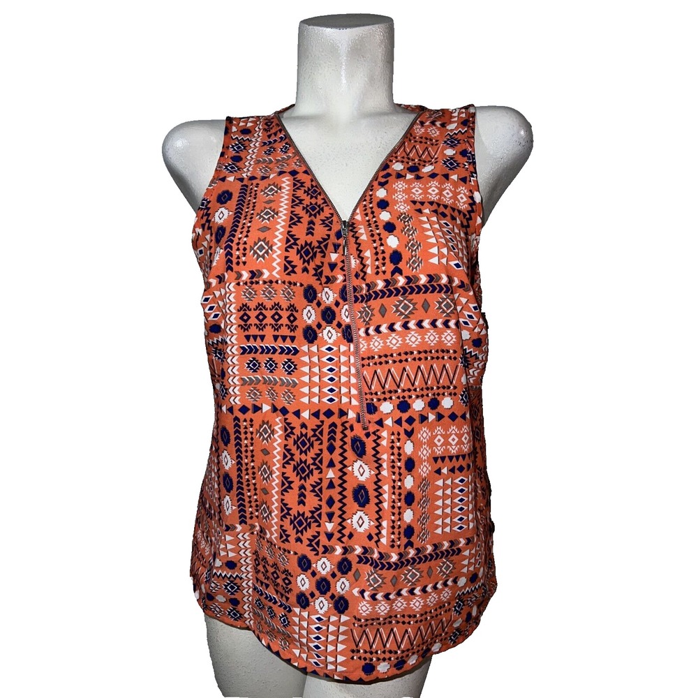 New Look Womens XL Orange Geometric Tribal Print Sleeveless Half Zip Blouse Top